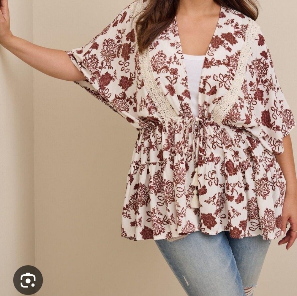 Torrid white & brown floral tie blouse With Crochet Detail